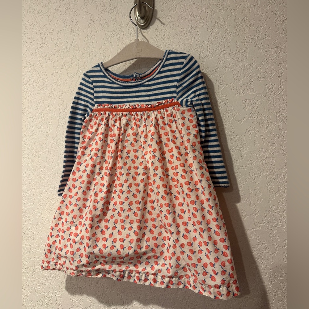 Baby Boden Blue and White Striped Dress with Strawberry Accents